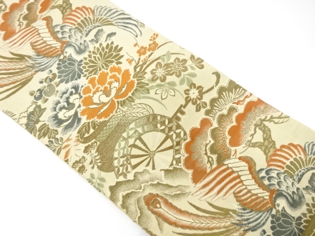 JAPANESE KIMONO / ANTIQUE NAGOYA OBI / SILK / WOVEN PHOENIX & FLORAL CART